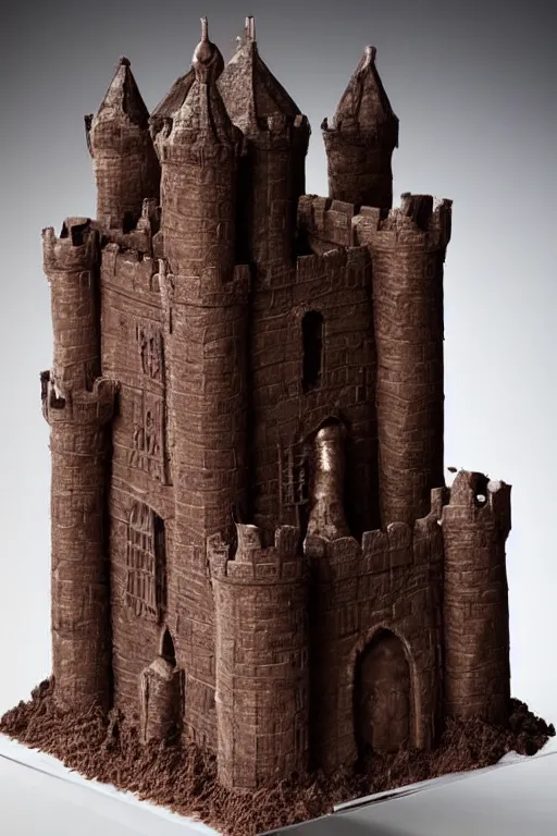 Prompt: chocolate sculpture of a medieval castle by amaury guichon, life - like, food photography, centered, well - lit