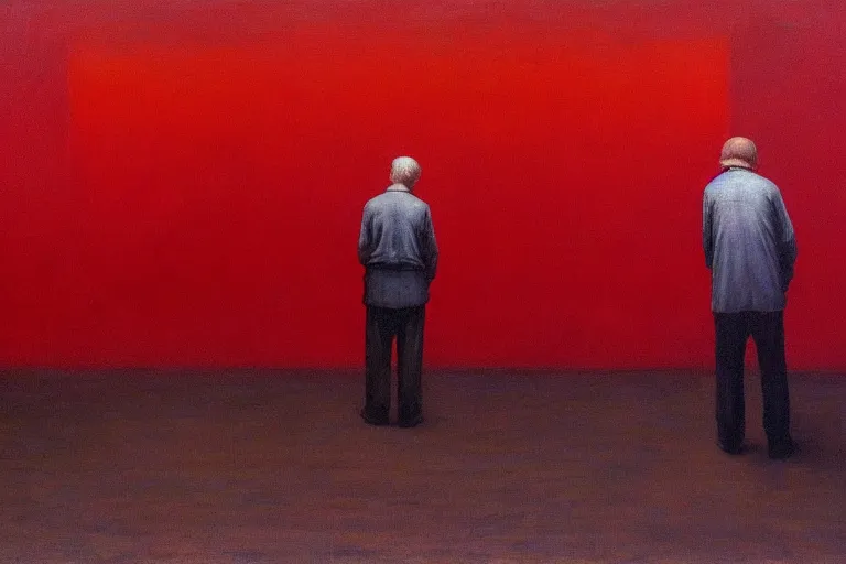 Image similar to only with red, a red old man try to sell a portrait, cheering crowd, in a old city square, in the style of beksinski, parts by edward hopper, parts by rodcenko, parts by yue minjun, intricate and epic composition, red by caravaggio, insanely quality, highly detailed, masterpiece, red light, artstation, 4 k