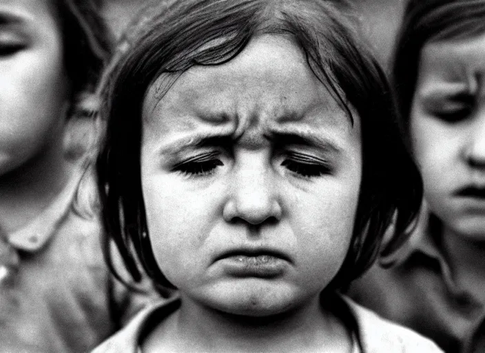 Prompt: high resolution black and white portrait with 8 0 mm f / 1 2 lens of children in chernobyl with eyes closed in grief in 1 9 8 9.