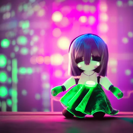 Image similar to cute fumo plush of a girl with prosthetic mechanical arms, green velvet dress, glowing dataglyphs, bokeh, cyberpunk anime girl, vray