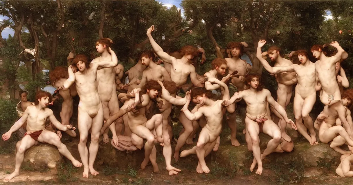 Prompt: large group of pre-Raphaelite muscular athletic male gamers wearing headsets holding laptops playstation5 x-box and PC by Bouguereau and raphael