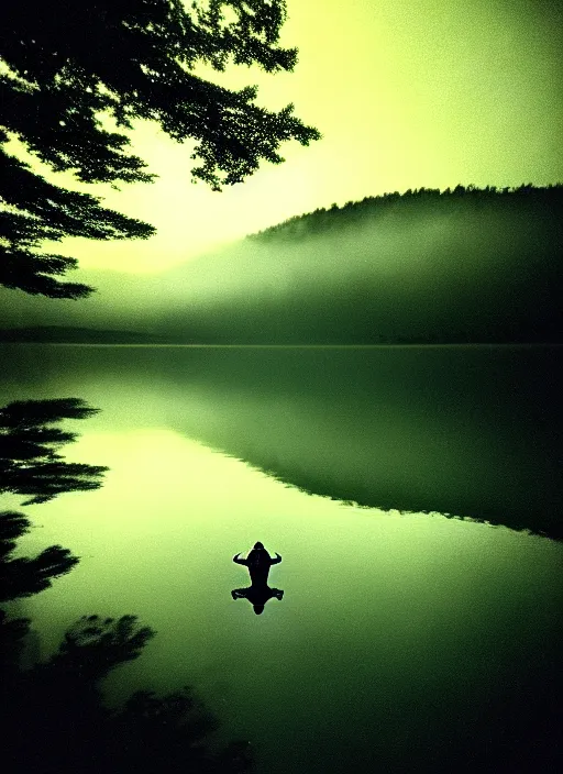 Image similar to sad, lonely frog vertically hovering above misty lake waters in jesus christ pose, low angle shot, long cinematic shot by Andrei Tarkovsky, paranormal, eerie, mystical