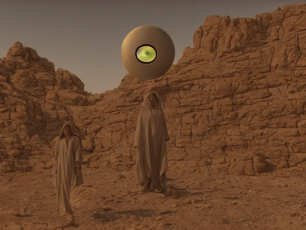 Image similar to levitating glowing bene gesserit with full - face golden mask and glowing eyes in a dry rocky desert landscape, sunny atmosphere, fata morgana giant mirrors, portal, spaceship in the sky by christopher doyle and alejandro jodorowsky, anamorphic lens, kodakchrome, cinematic composition, practical effects, very detailed photo, complex structures, 8 k,