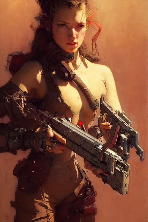 Image similar to portrait max mad cyberpunk, girl with a rifle character design, painting by gaston bussiere, katsuya terada, nc wyeth, greg rutkowski, craig mullins, vermeer, frank frazetta, tom of finland, trending on artstation, jeffery catherine jones