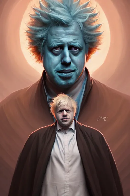 Image similar to Boris Johnson as Rick Sanchez, one eyebrow, white robe, big eyes, 3d octane render, symmetrical, highly detailed, digital painting, artstation, concept art, smooth, sharp focus, illustration, cinematic lighting, art by artgerm and greg rutkowski and alphonse mucha