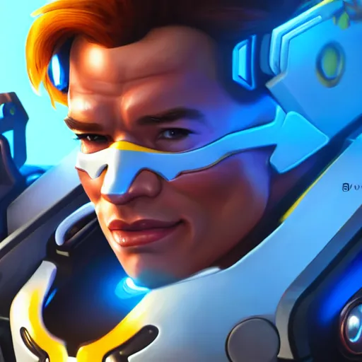 Image similar to a screenshot of arnold schwarzenegger as tracer in overwatch, portrait, fantasy, beautiful face, vivid colors, elegant, concept art, sharp focus, digital art, hyper - realistic, 4 k, unreal engine, highly detailed, hd, dramatic lighting by brom, trending on artstation