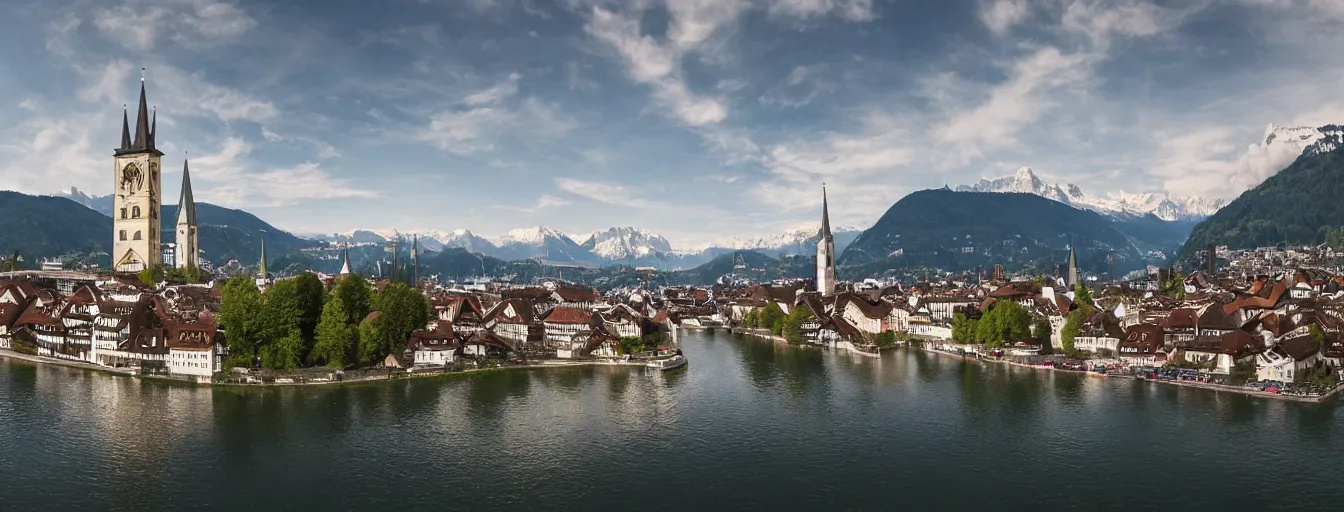 Image similar to Photo of Zurich, looking down the river at the lake and the alps, Hardturm, Grossmünster, wide angle, volumetric light, hyperdetailed, mountain water, artstation, cgsociety, 8k