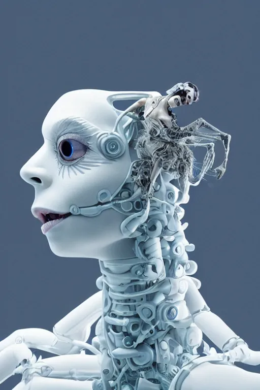 Prompt: full head and shoulders ballerina, monster with 3 d smooth, long blue hair, delicate facial features, white eyes, white lashes, detailed white, lots of 3 d cyborg elements, prosthetic, anatomical, all white features on a white background, by daniel arsham and james jean