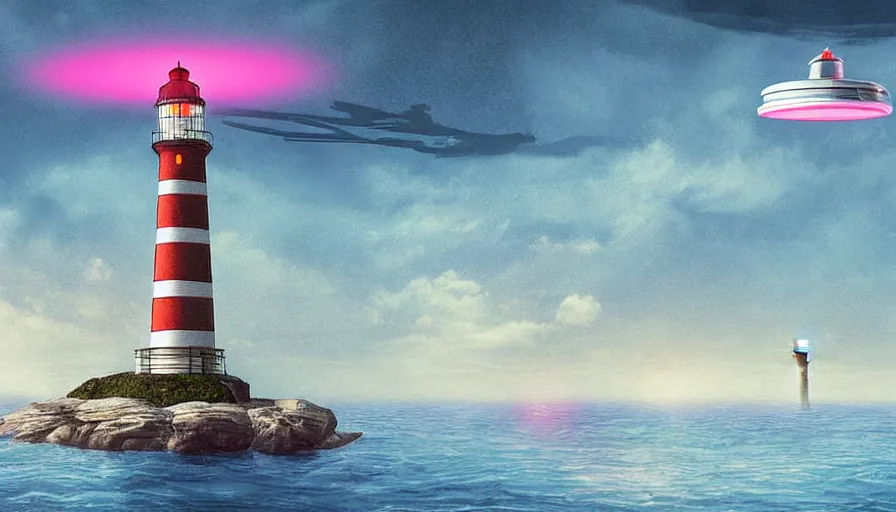 Image similar to a ufo hovers over a lighthouse out at sea, digital art, highly detailed, realistic, bright colors, 8 k