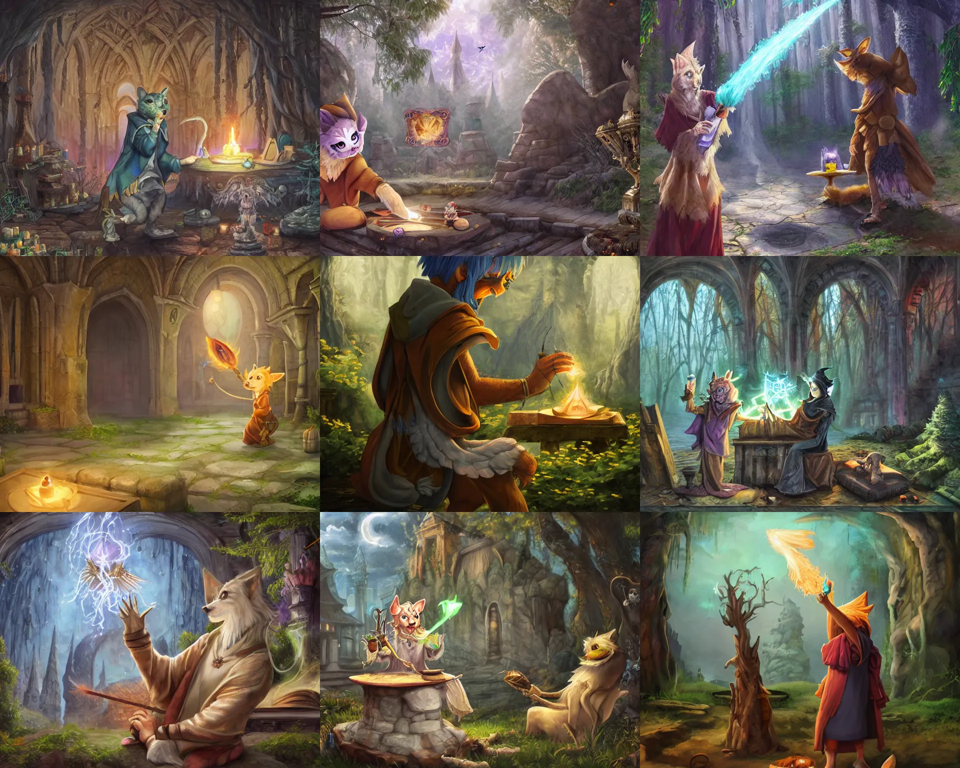 Prompt: A wizard fursona is casting a magic spell, ArtStation, pixiv, furaffinity, highly detailed realistic fantasy oil painting, forgotten scenery and a ruined temple