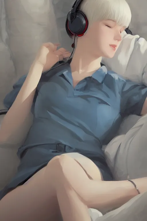 Image similar to a cute young woman lying on a couch while listening to music with her eyes closed and wearing headphones in the style of Ilya Kuvshinov and Range Murata, white bob cut hair, blue filter, blue and white, soft lighting, atmospheric, cinematic, moody, digital painting by Krenz Cushart, 8k