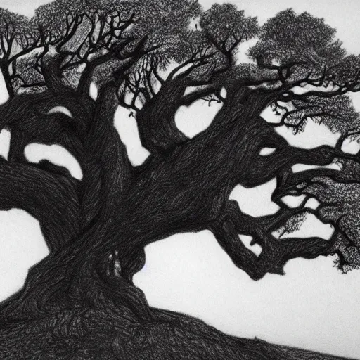 Image similar to oak tree on a hill, pencil drawing, detailed, landscape view