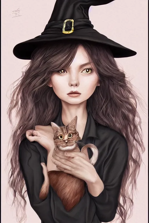 Prompt: A extremely beautiful portrait of a cute witch and her cat, surreal, ultradetailed, intricate, elegant, lithe, detailed, digital painting, artstation, concept art, smooth, sharp focus, illustration