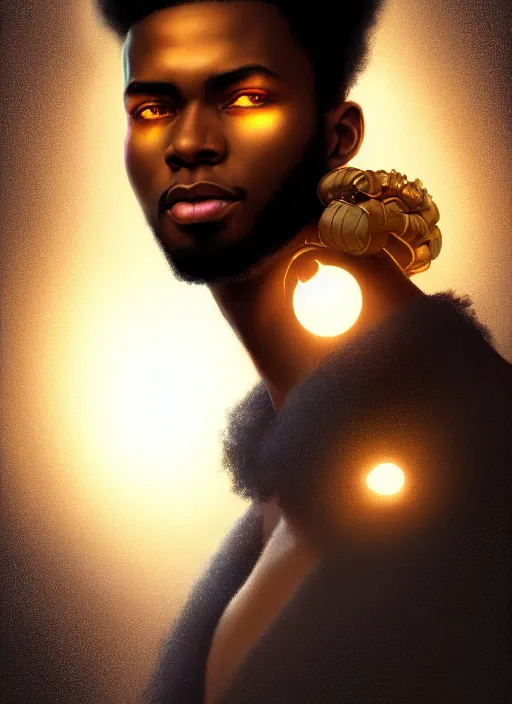 Image similar to photographic portrait of an handsome young black man with an afro, glowing lights intricate, elegant, highly detailed, digital painting, artstation, concept art, smooth, sharp focus, illustration, art by artgerm and greg rutkowski