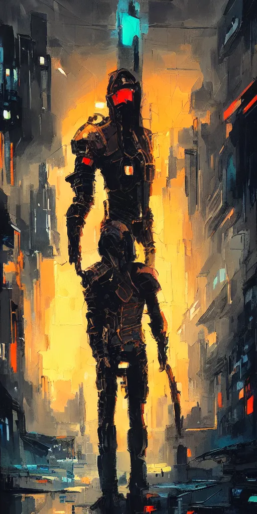 Image similar to a brilliant loose brushwork gouache painting of a cyberpunk knight by alena aenami in the style of baroque art, dynamic lighting