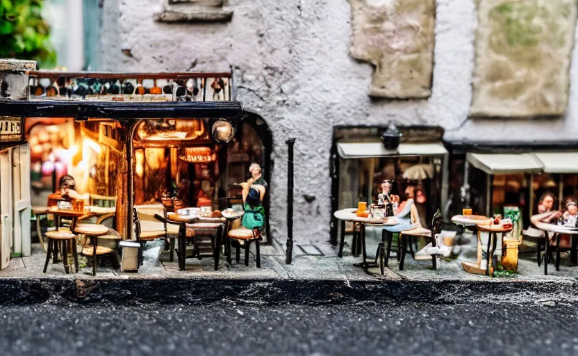 Image similar to miniature cafe diorama macro photography, cafe for mice, alleyway, ambient, atmospheric, british, bokeh, romantic