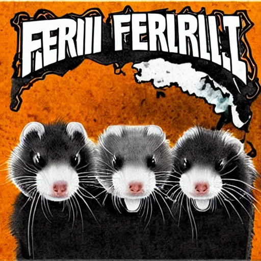 Prompt: album cover for a ferret themed metal band, album cover