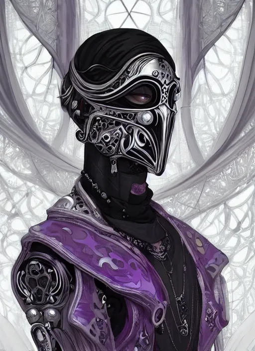 Image similar to a handsome male ornate cyborg with a white techwear mask, purple garment with art nouveau ivory accessories, dressed in black intricate lace and jewels, ethereal, misty, cyberpunk, darksynth, luxury, concept art by zeen chin, extremely detailed, artstation, andree wallin, edvige faini, alphonse mucha, 8 k, unreal engine 5