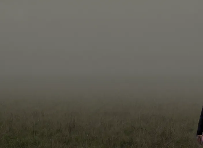 Image similar to screenshot from moody scene of Donald Trump in a foggy field entering the zone, scene from the film Stalker 1979 film directed by andrei tarkovsky, kodak film stock, anamorphic lens, 4K, film grain, detailed, stunning cinematography