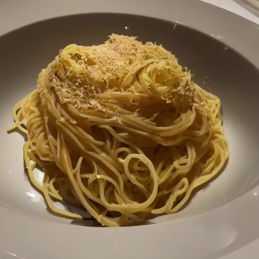Prompt: sphaghetti noodles gourmet very very expensive michelin 5 star restaurant with golden flakes ultra hd