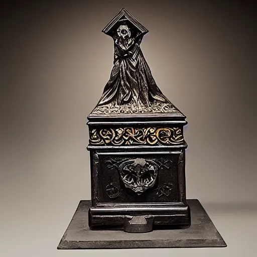 Prompt: open ornate coffin containing a vampire, gothic art style