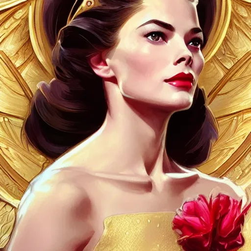 Image similar to A combination of Grace Kelly's and Kristin Kreuk's and Ashley Greene's faces as She-Ra, western, D&D, fantasy, intricate, elegant, highly detailed, digital painting, artstation, concept art, matte, sharp focus, illustration, art by Artgerm and Greg Rutkowski and Alphonse Mucha