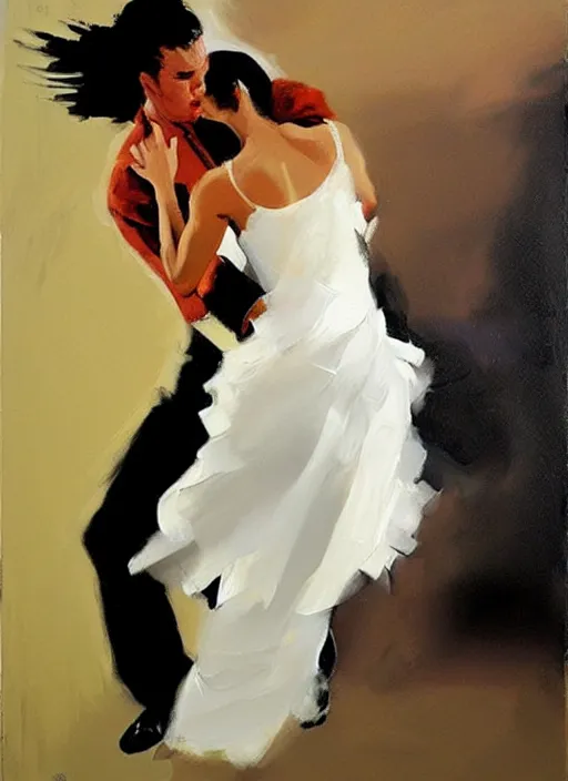 Image similar to tango dancerin in white dress, painting by phil hale, fransico goya,'action lines '!!!, graphic style, visible brushstrokes, motion blur, blurry, visible paint texture, crisp hd image