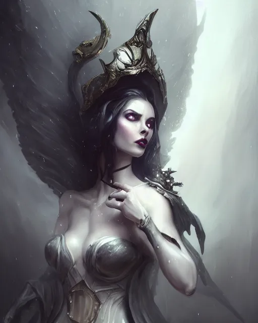 Image similar to bastien lecouffe deharme and wlop detailed portrait digital rococo painting of a beautiful serious villainess wearing fantasy clothing like liliana vess, villainess has black angel wings, evil mood, hellish battlefield in the background, unreal engine, embers flying, hyper realism, realistic shading, cinematic composition, blender render, octane render, ultrawide shot