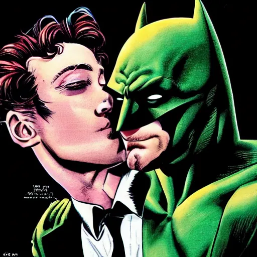 Prompt: the Riddler kissing manly Batman, tabloid, amazing, realistic, trending