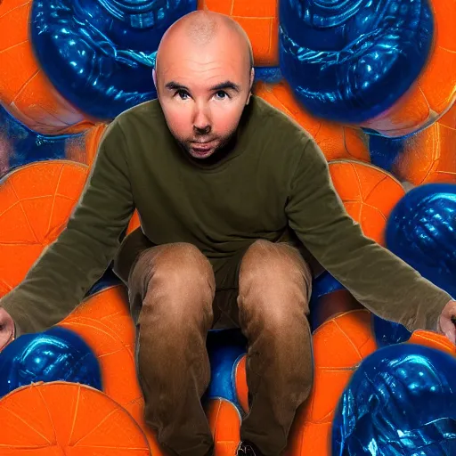 Prompt: karl pilkington, marvel, ultra detail, 5 0 mm camera, his head superimposed with an orange