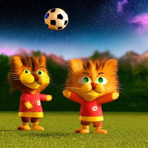 Image similar to garfield play soccer in milky way, 8 k, super detailed