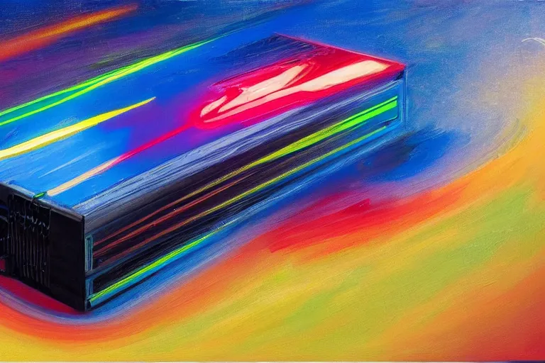 Prompt: a painting by Wayne Thiebaud of an Nvidia GeForce RTX 3090 GPU that has caught on fire, GeForce RTX 3090 on fire, cooling, high specs, ethereal!!!!!!!, by Wayne Thiebaud, neon gradient, nvidia promotional image