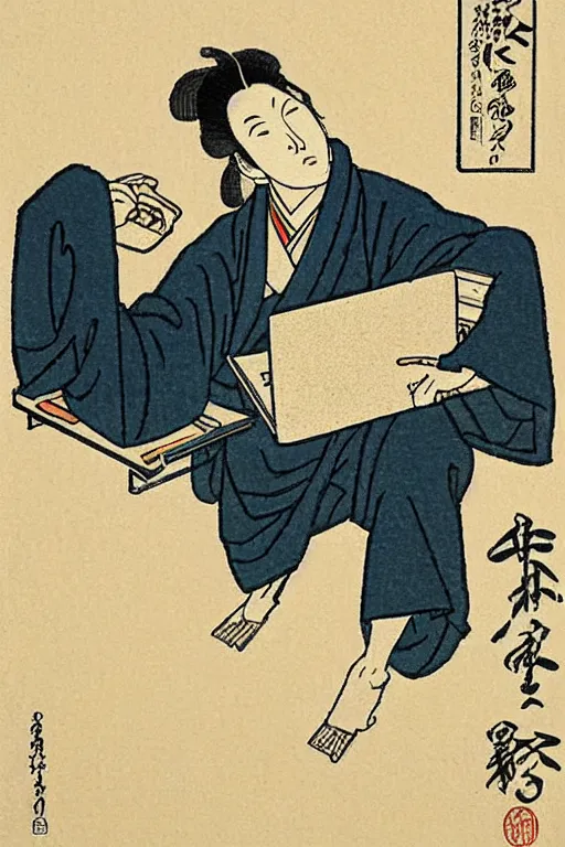 Image similar to Japanese woodblock print of Tatarian IT specialist with a laptop, Hokusai