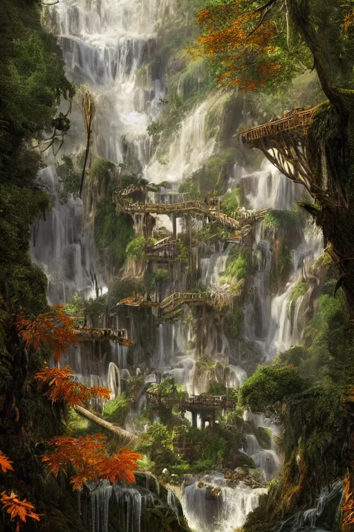 Image similar to wooden elven City with golden roofs, arches and bridges on top of a WATERFALL in the fall, gnarly trees, lush vegetation, forrest, a small stream runs beneath the waterfall, landscape, raphael lacoste, eddie mendoza, alex ross, john howe, concept art, matte painting, highly detailed, rule of thirds, dynamic lighting, cinematic, detailed, denoised, centerd, clean render