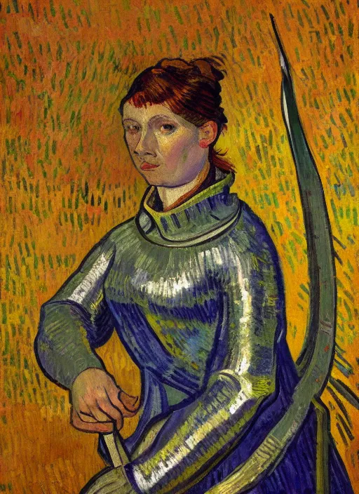 Prompt: detailed expressionist!! oil painting masterpiece portrait of joan d'arc!! by van gogh, 8 k resolution, smooth, sharp focus, matte painting, beautiful masterpiece expressionist painting, greys and golds and purples