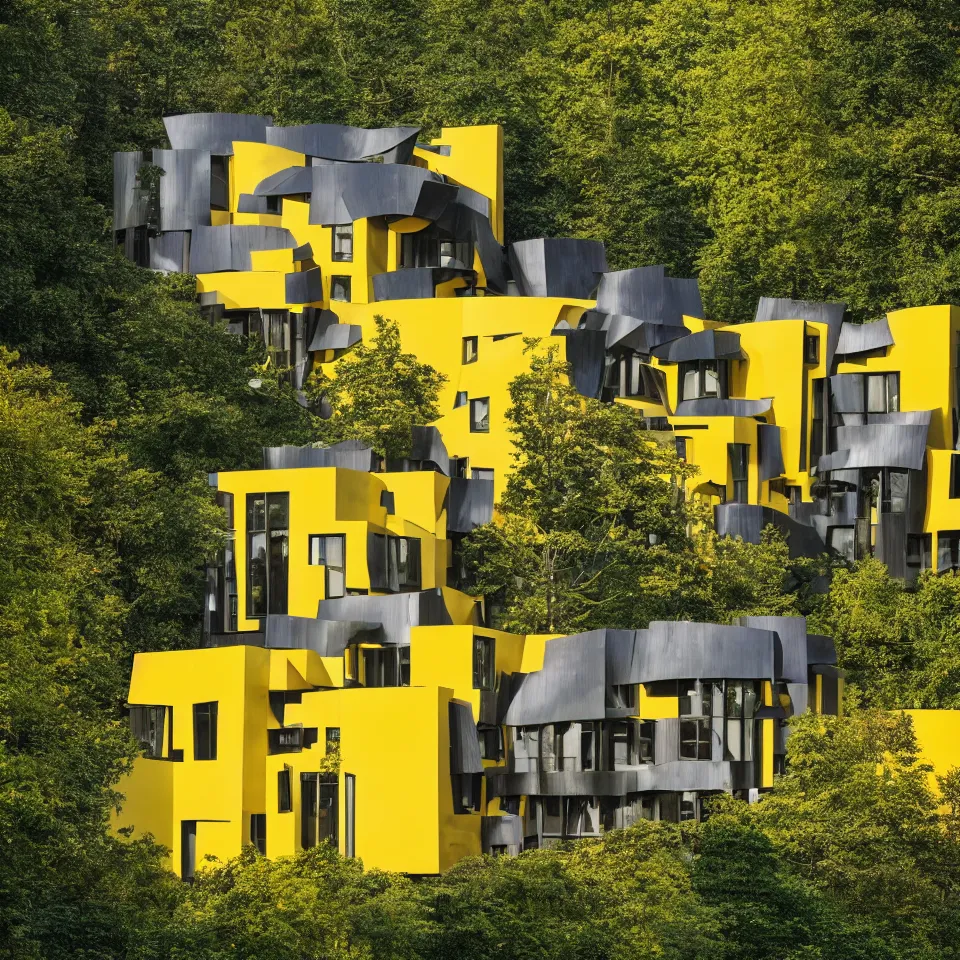 Prompt: architecture ad for a flat house in the forest, designed by Frank Gehry. Big Tiles. Film grain, cinematic, yellow hue
