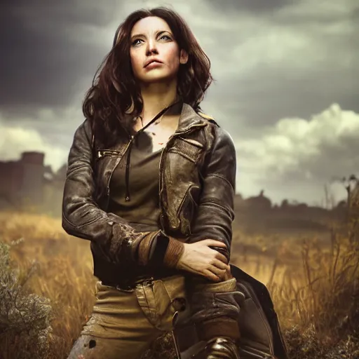 Image similar to fallout 5, charismatic beautiful rugged brunette female protagonist, portrait, outdoors in front of the entrance to vault 1 5 6, atmospheric lighting, painted, intricate, volumetric lighting, beautiful, daytime, sunny weather, slight overcast, sharp focus, deep colours, ultra detailed, by leesha hannigan, ross tran, thierry doizon, kai carpenter, ignacio fernandez rios
