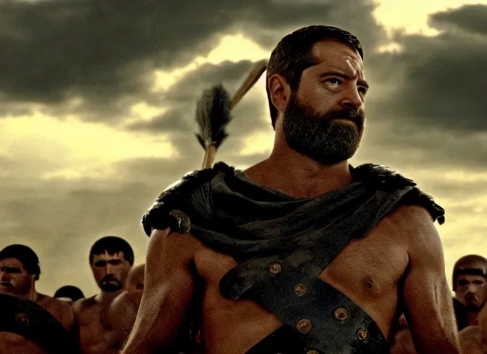 Image similar to film still of joe biden as leonidas in 3 0 0 movie, 8 k, epic moody sky, dramatic lighting