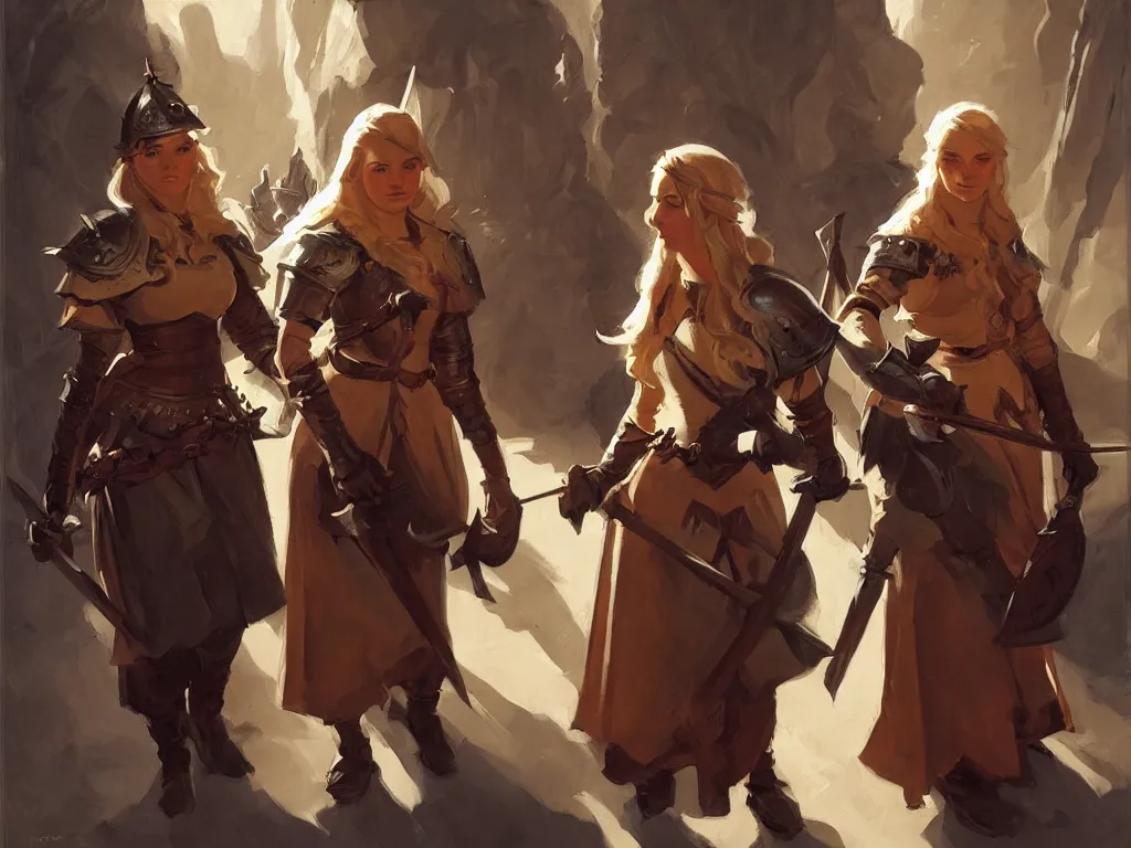 Prompt: portrait of two young female norwegian swedish fantasy knights walking in the adventurers guild, by greg manchess and leyendecker, medium shot low key lighting asymmetrical intricate elegant illustration hearthstone