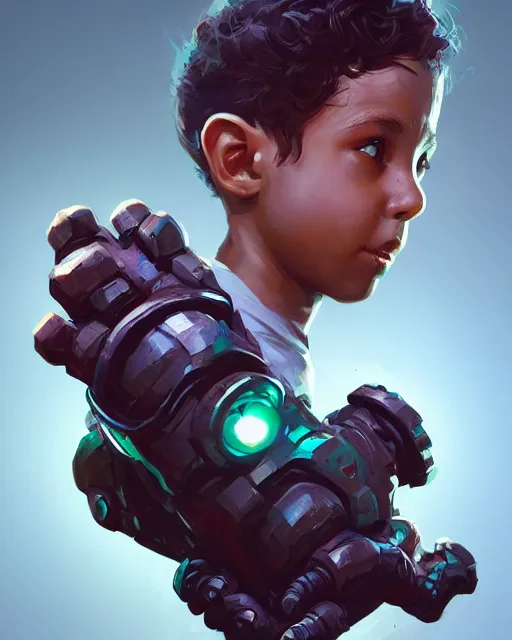 Prompt: a tiny boy with a huge power glove, bust shot, smooth, intricate, elegant, power aura, digital painting, artstation, concept art, sharp focus, illustration, art by justin gerard and josan gonzalez, high contrast