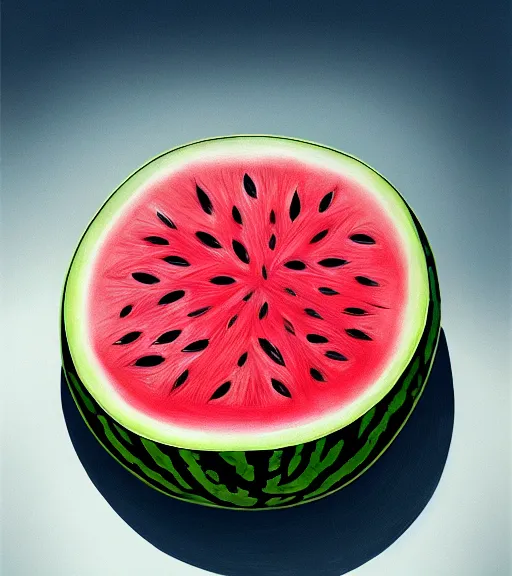 Image similar to portrait of a watermelon sitting upon a table with heightened detail, poised, intense emotion, detailed facial expression, detailed surroundings, intricate, elegant, highly detailed, centered, digital painting, artstation, concept art, smooth, sharp focus, illustration, by ( leonardo da vinci ), wlop