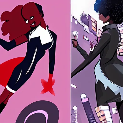 Image similar to black girl boss lady turns superhero comic book very very anime style,