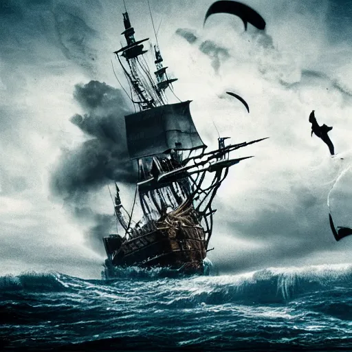 Image similar to pirate, ship, fire, ocean, cinematic, artistic, trending, epic, wind, wild, beautiful, tragedy, tragic, movie