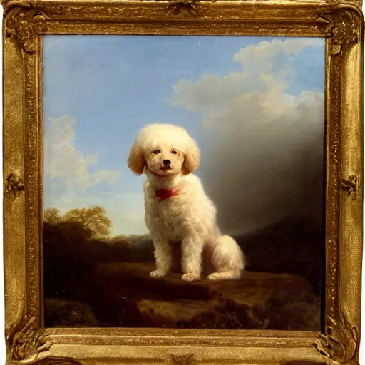 Prompt: a neoclassical painting of an overly muscular athletic small white poodle with murderous red eyes. nature study. akkadian landscape, vanilla colored morning sky. german realism. von amerling. dahlenberg.