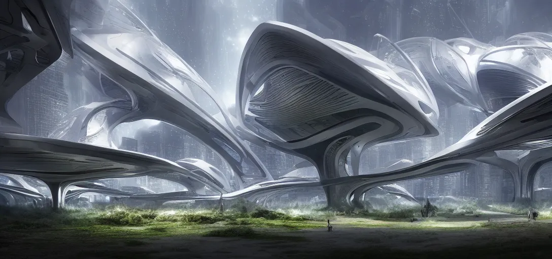 Prompt: a futuristic solarpunk biome, designed by zaha hadid, sci - fi, digital art by paul chadeisson