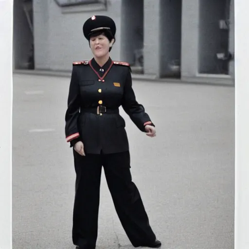 Prompt: Tracey Thorn as a North Korean officer, full body shot, 35mm film