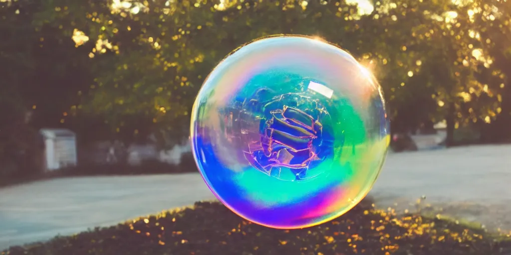 Image similar to an donald trump's head stuck inside of a giant iridescent floating soap bubble, bokeh, golden hour, back yard, golden hour