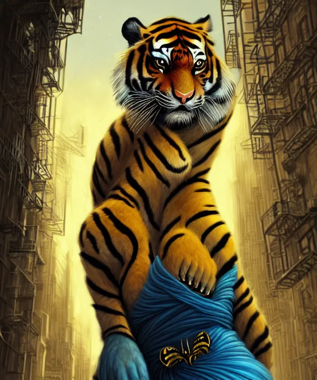 Image similar to anthropomorphic female Tiger, irish origin, sci-fi, bright blue eyes, face, black and yellow hair, fantasy, LSD Dream Emulator, intricate, elegant, new york alleyway, moonlit, highly detailed, digital painting, artstation, concept art, smooth, sharp focus, illustration, art by artgerm and greg rutkowski and alphonse mucha