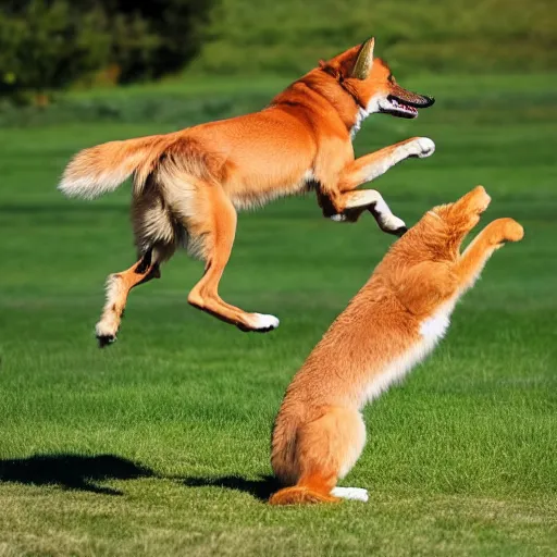 Prompt: fox jumping over a lazy golden retriever