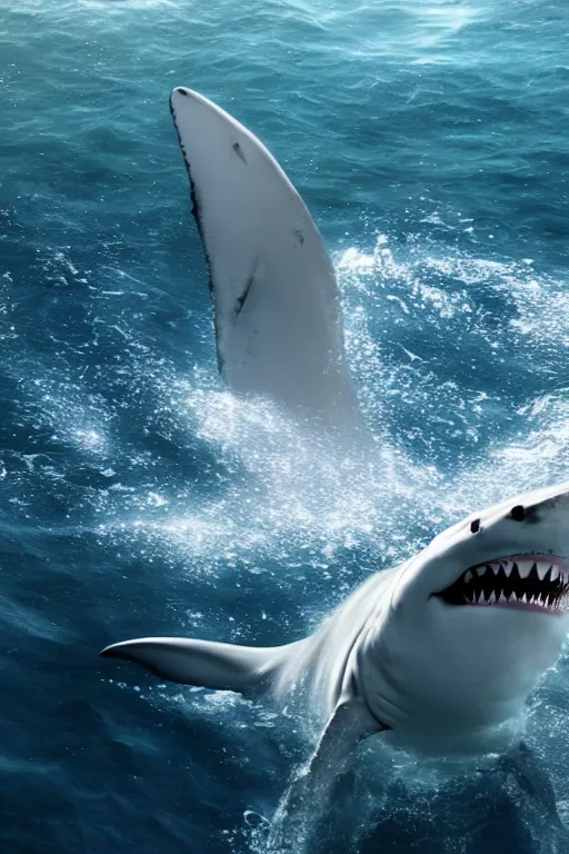 Image similar to huge white shark attacking a boat, scary cinematic scene, photorealistic. octane render